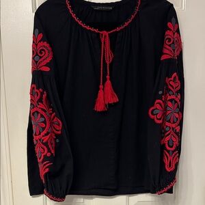 Zara Woman 87% Cotton 13% Linen Boho Blouse Black w/Red & Gray Embroidery - M